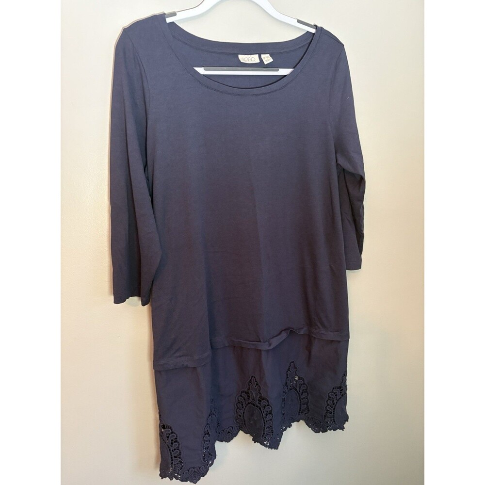 LOGO Lagenlook Navy Blue Dress Embroidered Lace Trim Bottom 3/4 sleeve Boho 1X